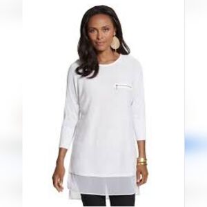 Chico's Tunic Top Layered Look Zipper Pocket 3/4 Sleeve White M Contemporary‎